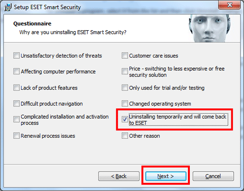 ESET, reason choices, next button